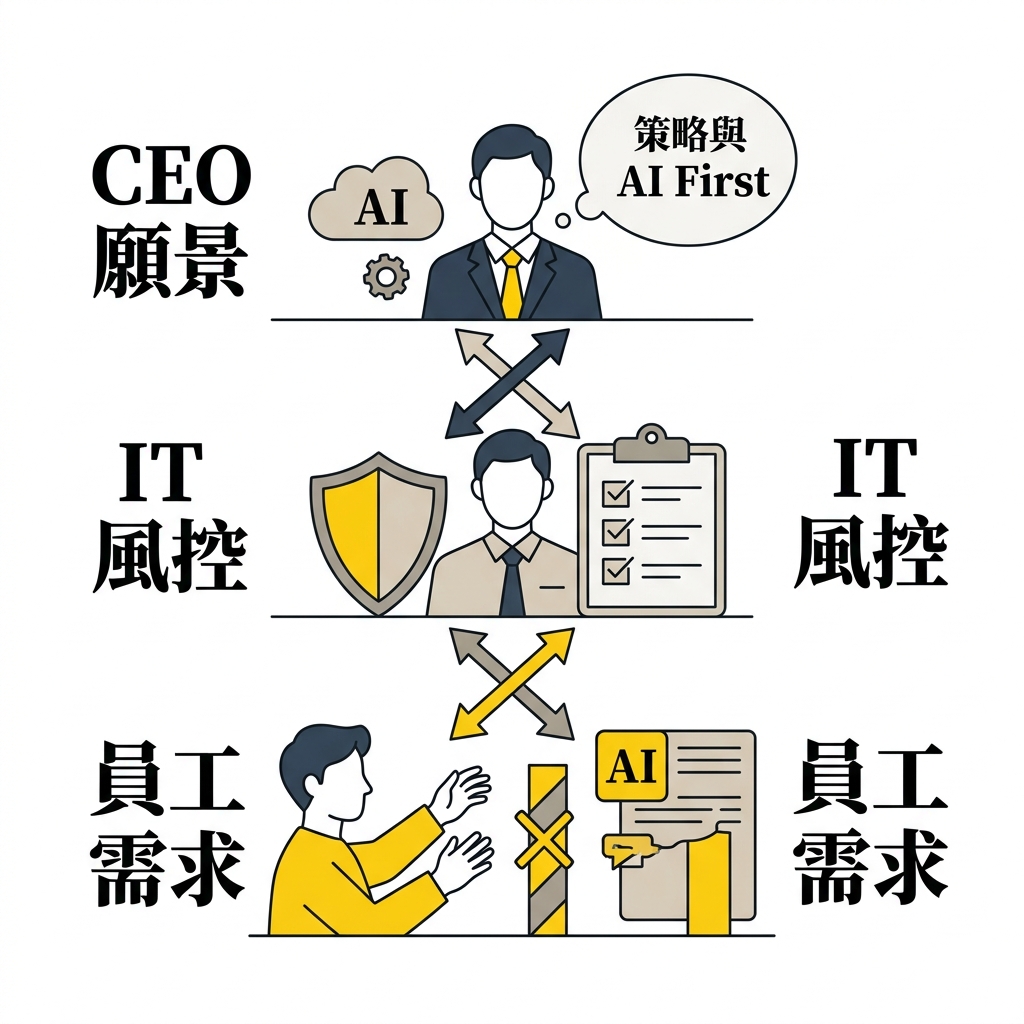 CEO、IT 與員工三方認知斷層示意圖