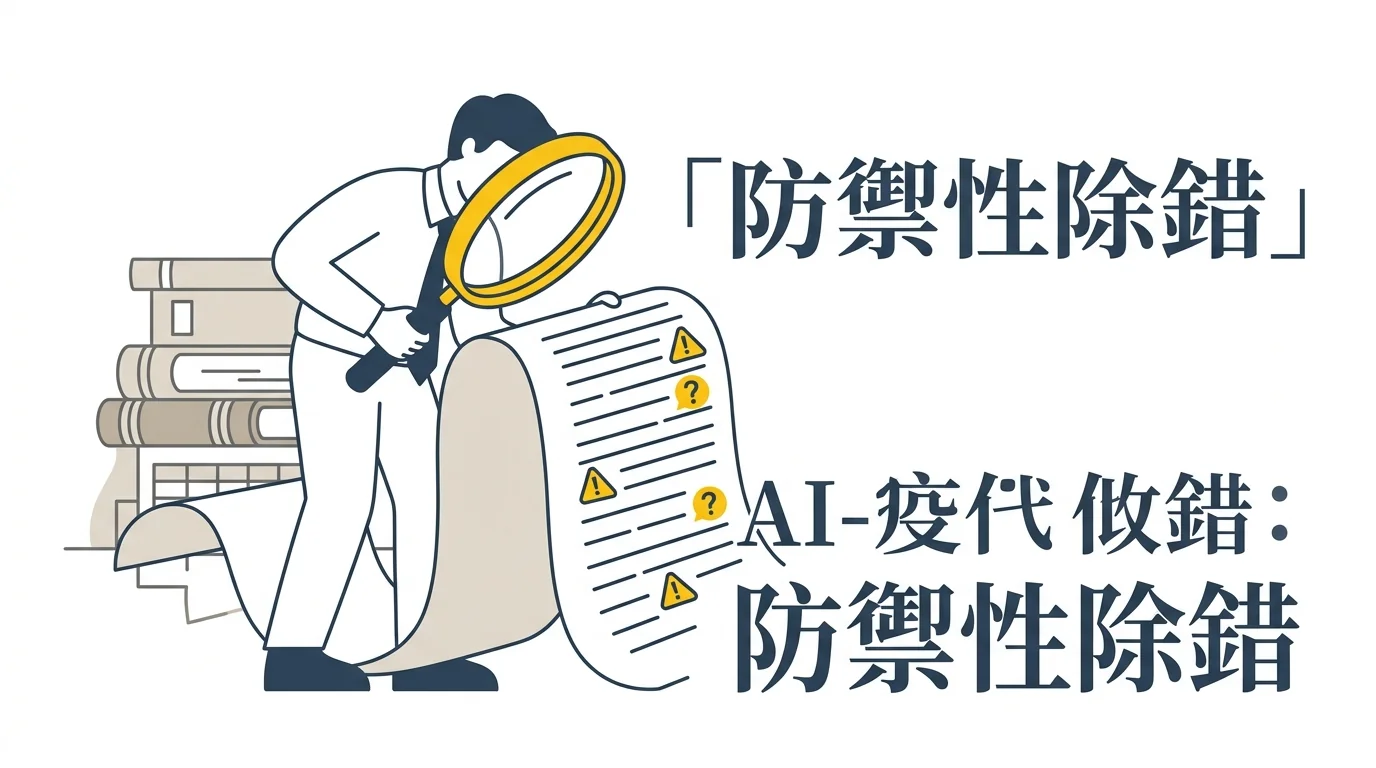 防禦性除錯：員工拿著放大鏡逐行檢查 AI 產出文件，流暢文字中藏著警示符號